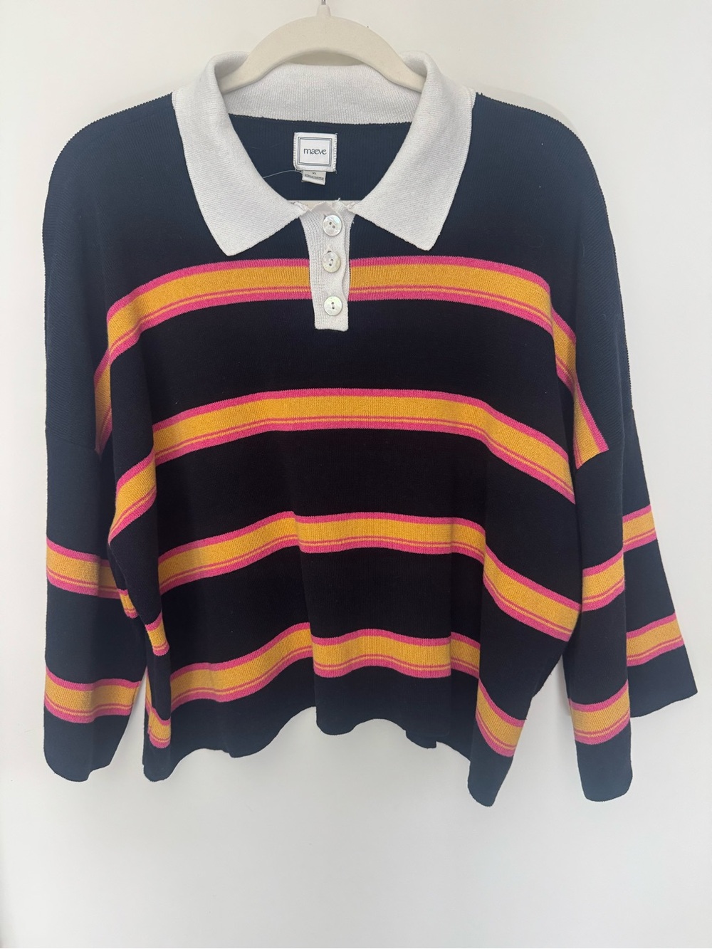 Maeve Navy Polo Sweater with Pink & Yellow Stripe Detail
